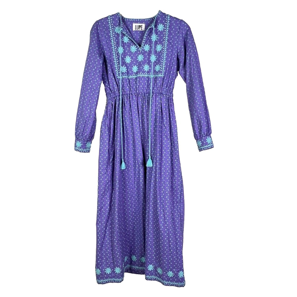 Lupe Dress Womens 1/XS/S‎ Purple Cotton Hand Made Italy Embroidered Boho Maxi